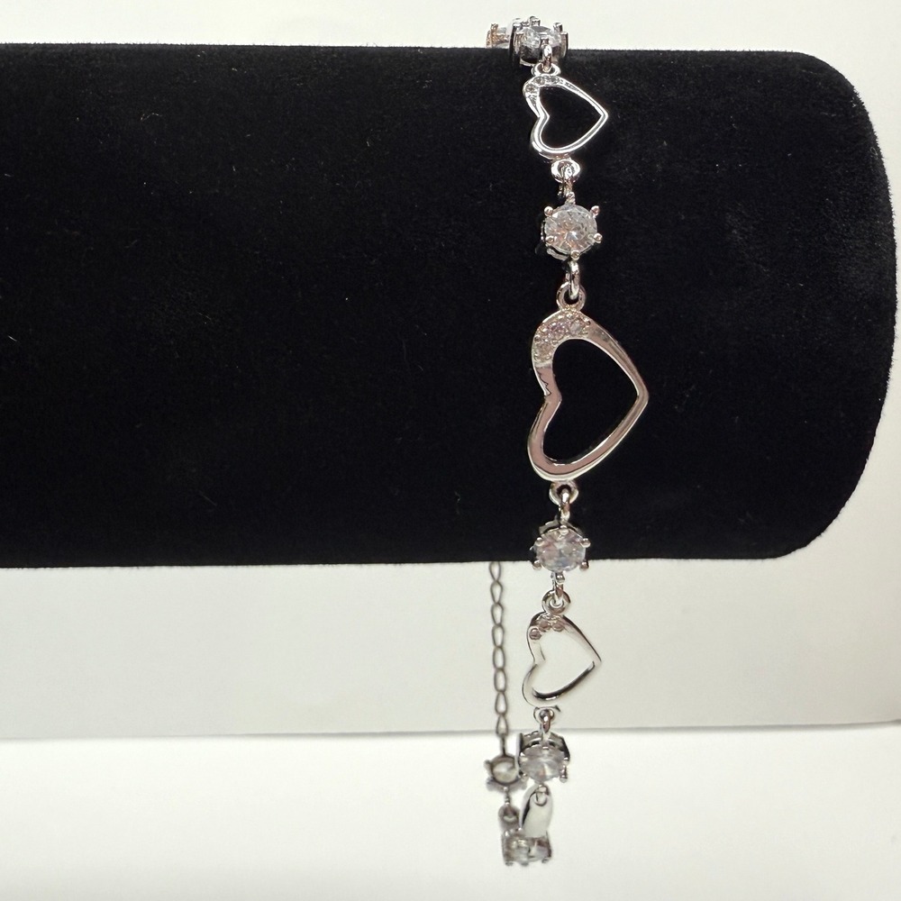 S925 Sterling Silver Diamond Tennis Bracelet Heart Charms Accent Jewelry